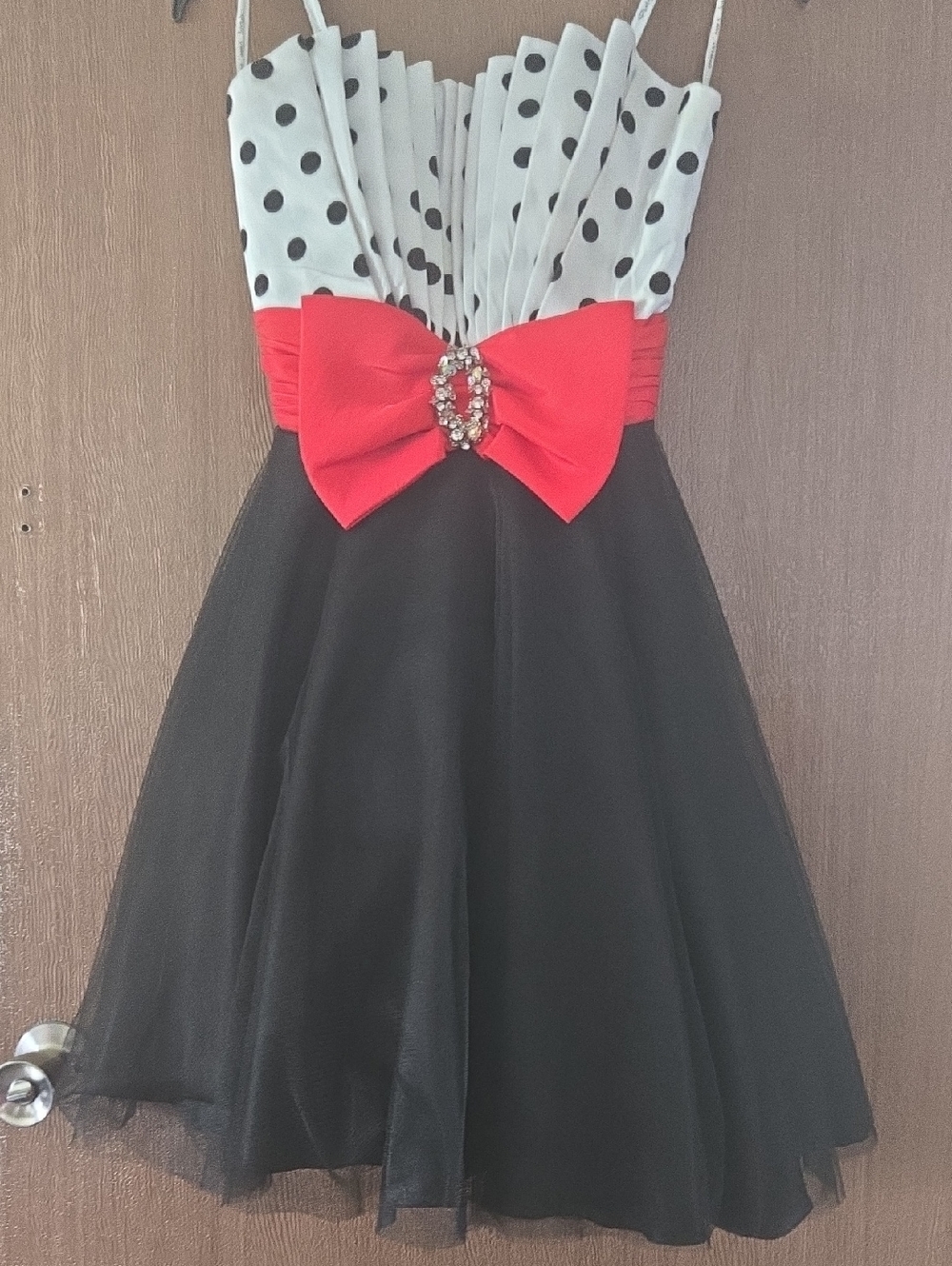 Black & White Polka Dot Dress with Red Bow